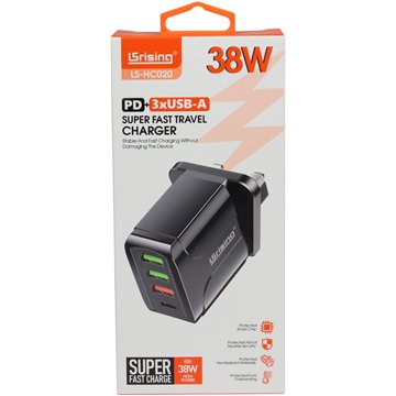 38W USB Wall Charger – Fast Charger with 1x PD + 3x USB Ports