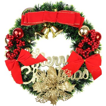 30cm Pre-Lit Luxury Christmas Wreath with LED Lights, Red Bows, Ornaments and “Merry Christmas” Sign
