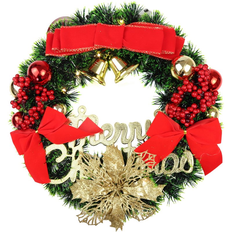 30cm Pre-Lit Luxury Christmas Wreath with LED Lights, Red Bows, Ornaments and “Merry Christmas” Sign 30cm Pre-Lit Luxury Christmas Wreath with LED Lights, Red Bows, Ornaments and “Merry Christmas” Sign